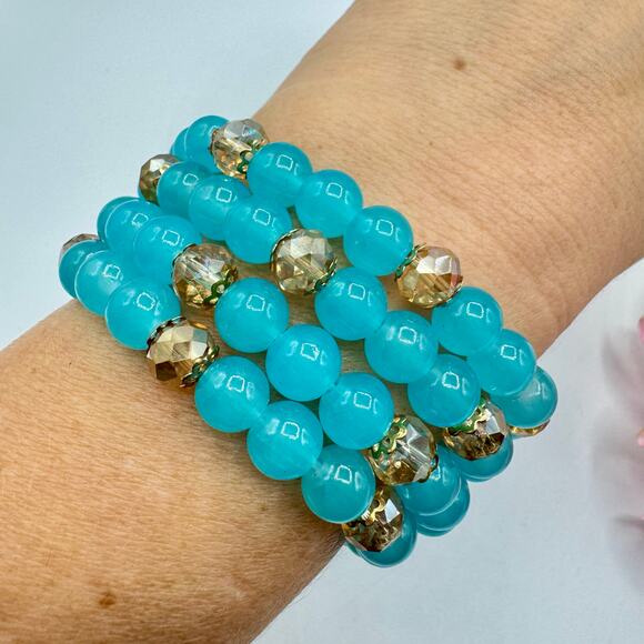 Blue Glass Bead Stretch Bracelet Stack Of 4 Champagne Crystals One Size Fits All - Picture 3 of 6
